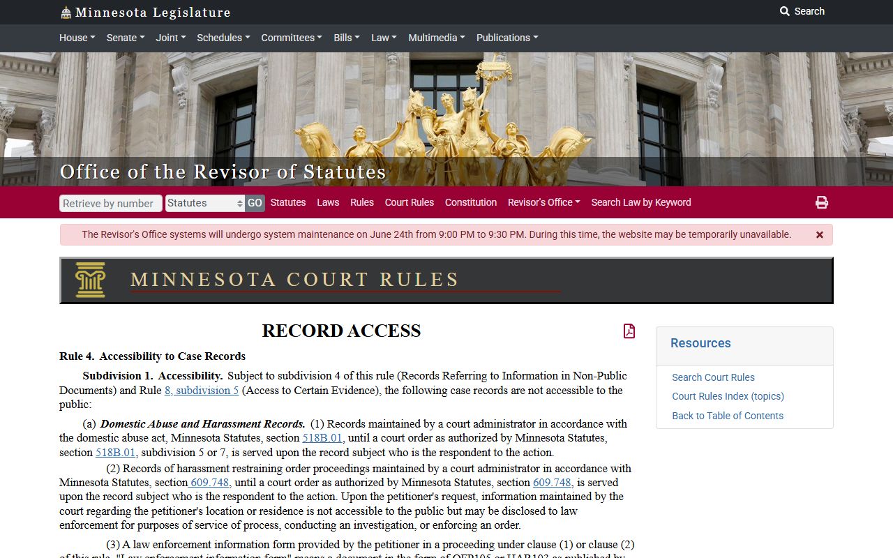 Norman County court dockets Rule 4 public access limits