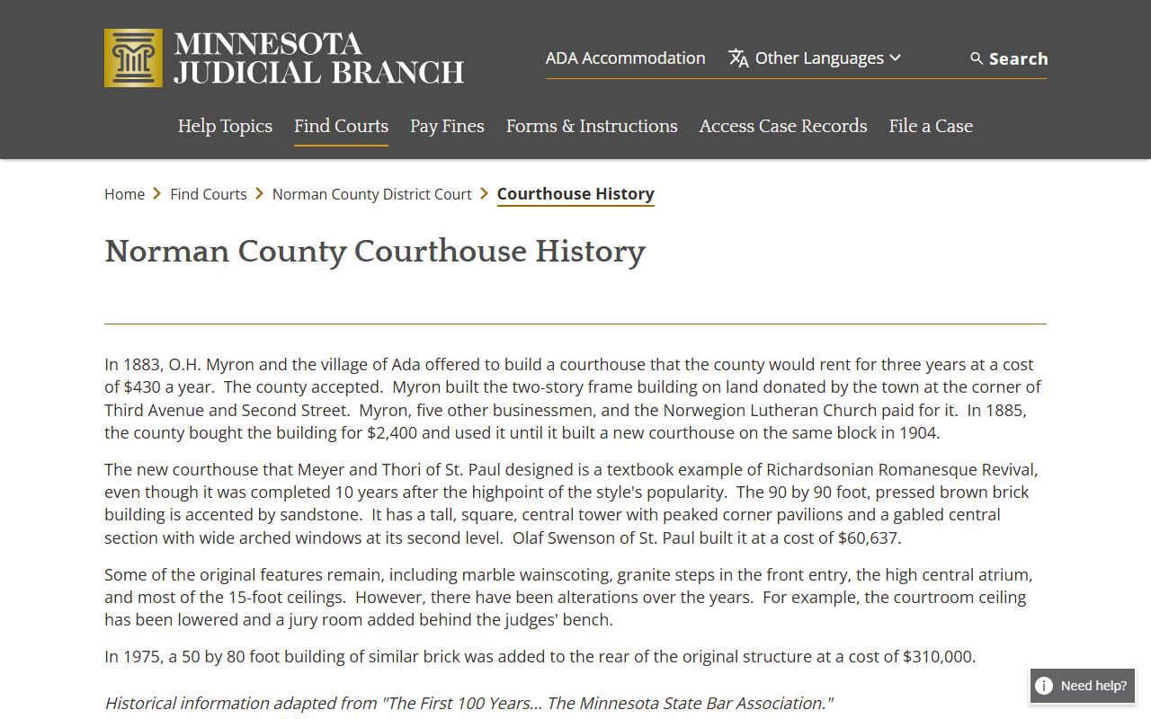 Norman County court records courthouse history source
