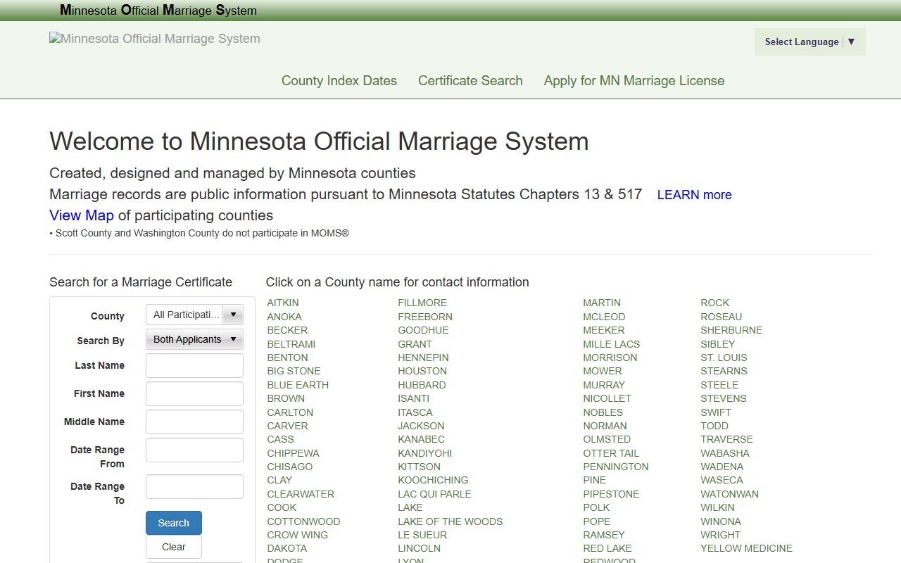 Norman County marriage and divorce records Minnesota Official Marriage System